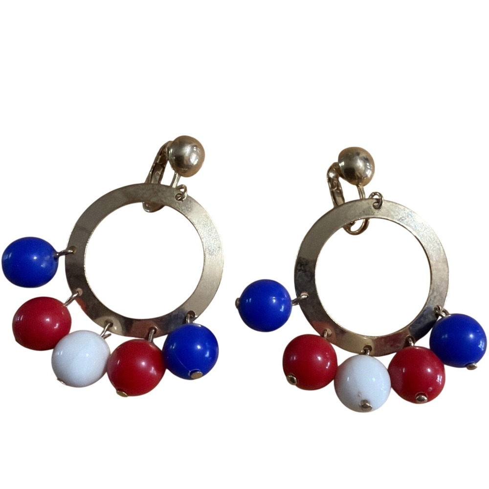 Vintage Gold Tone Patriotic Red White Blue Beaded Clip On Hoop Earrings